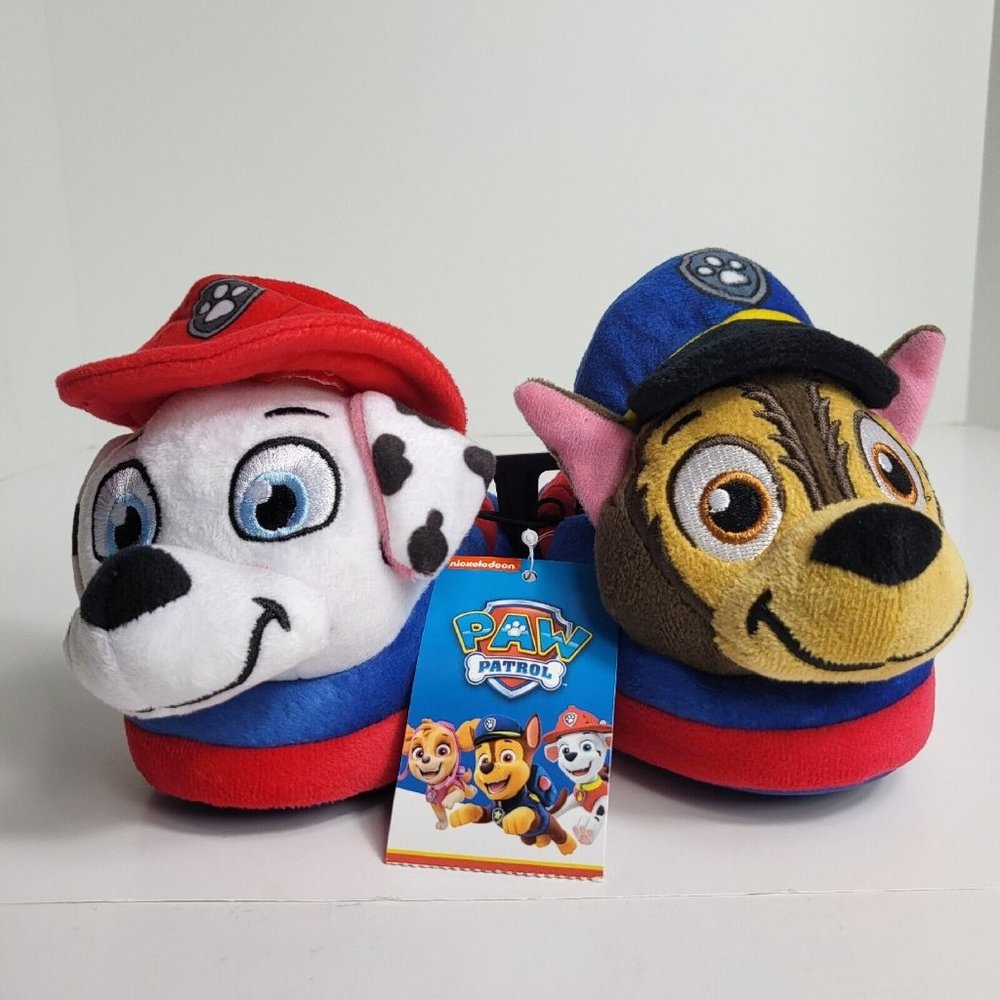 Paw Patrol Kids Slippers Chase Marshall Plush Puppy Dog Sz 7/8 Nickelodeon New - Picture 1 of 16